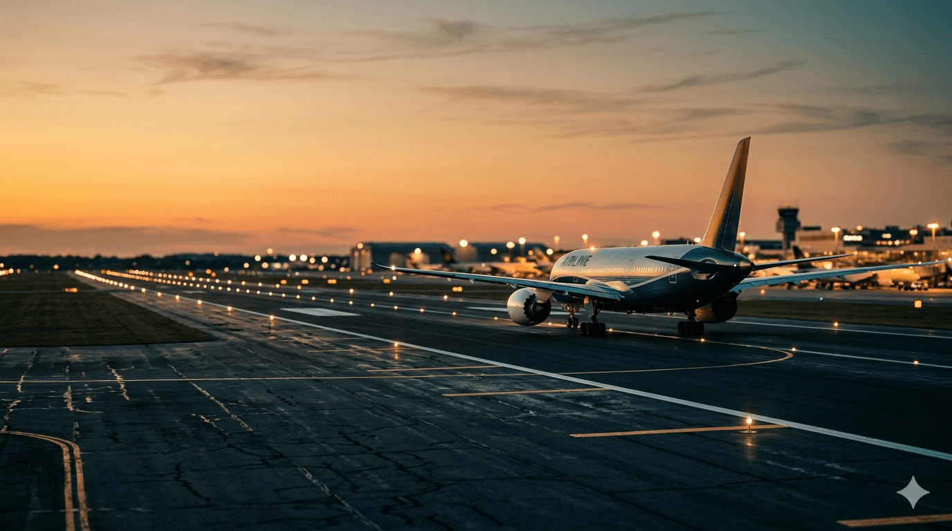 Passenger airplane taxiing on a runway at golden hour